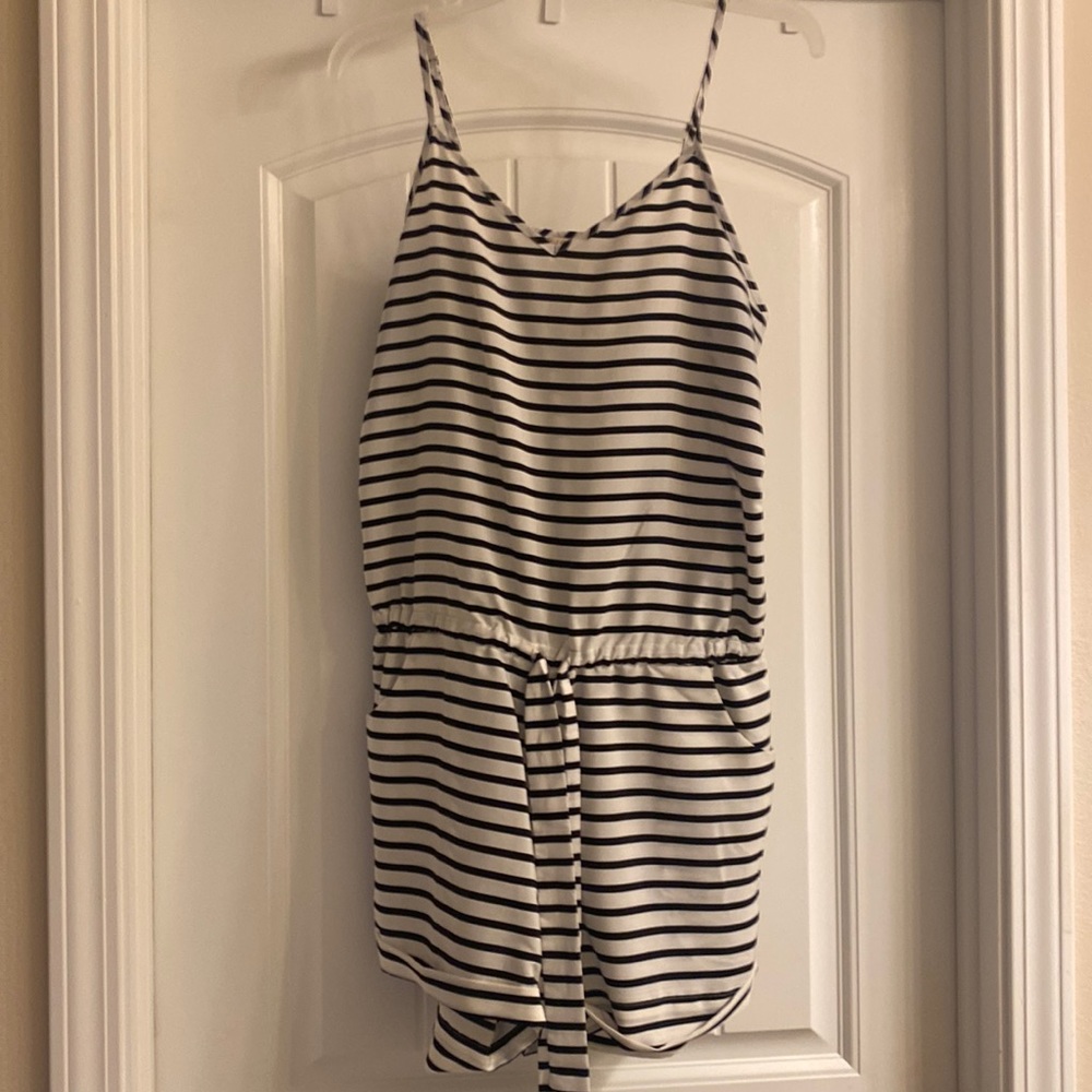 J. Crew black and white striped romper.